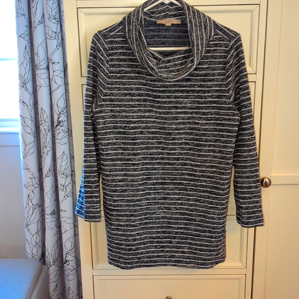 LOFT Dark Navy Blue and White Cowl Neck Sweater - Picture 2 of 7